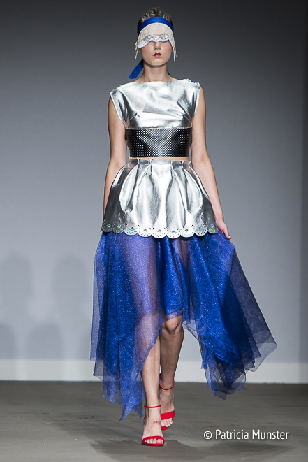Silver 'armour' with royal blue skirt by Maaike van den Abbeele at Fashionweek Amsterdam