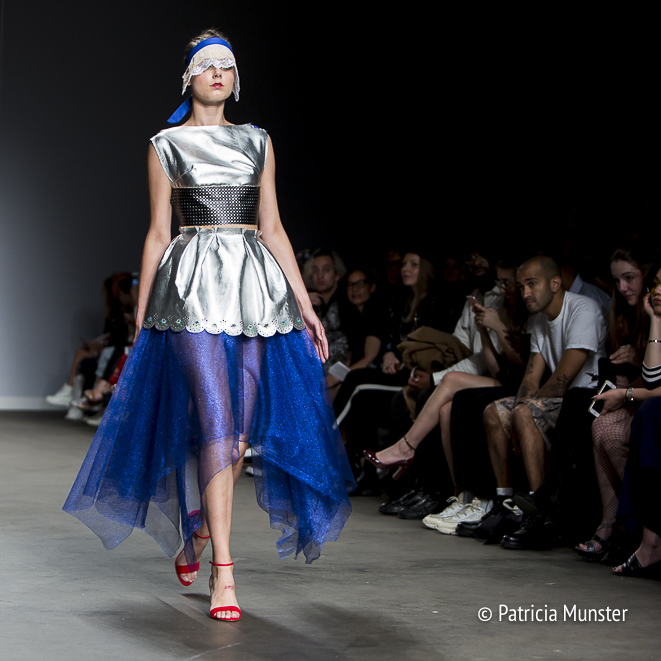 Silver 'armour' with royal blue skirt by Maaike van den Abbeele at Fashionweek Amsterdam