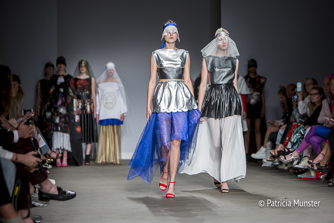 Silver 'armour' with royal blue skirt by Maaike van den Abbeele at Fashionweek Amsterdam